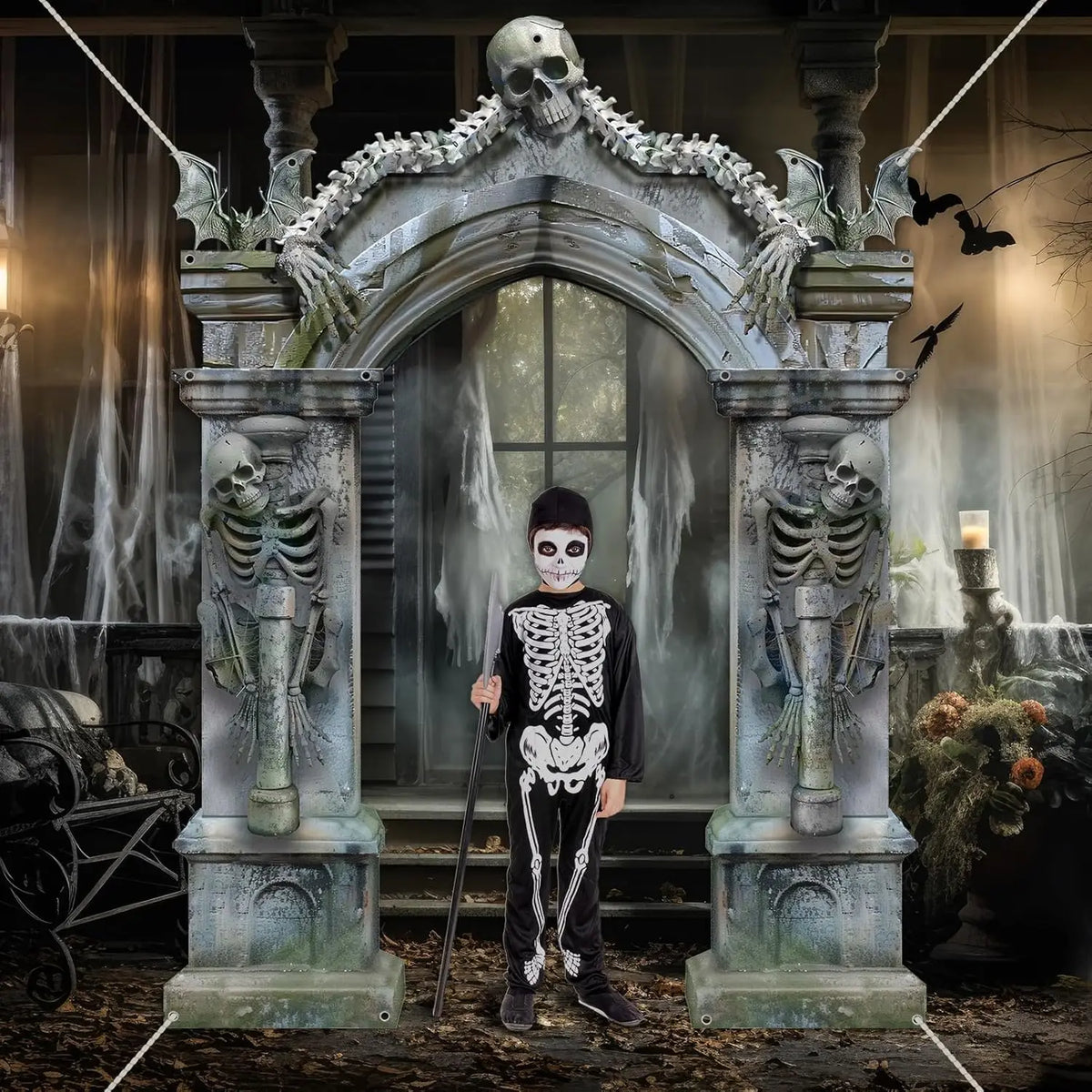 Telón Cementerio: Lápidas, Murciélagos y Esqueletos 🪦