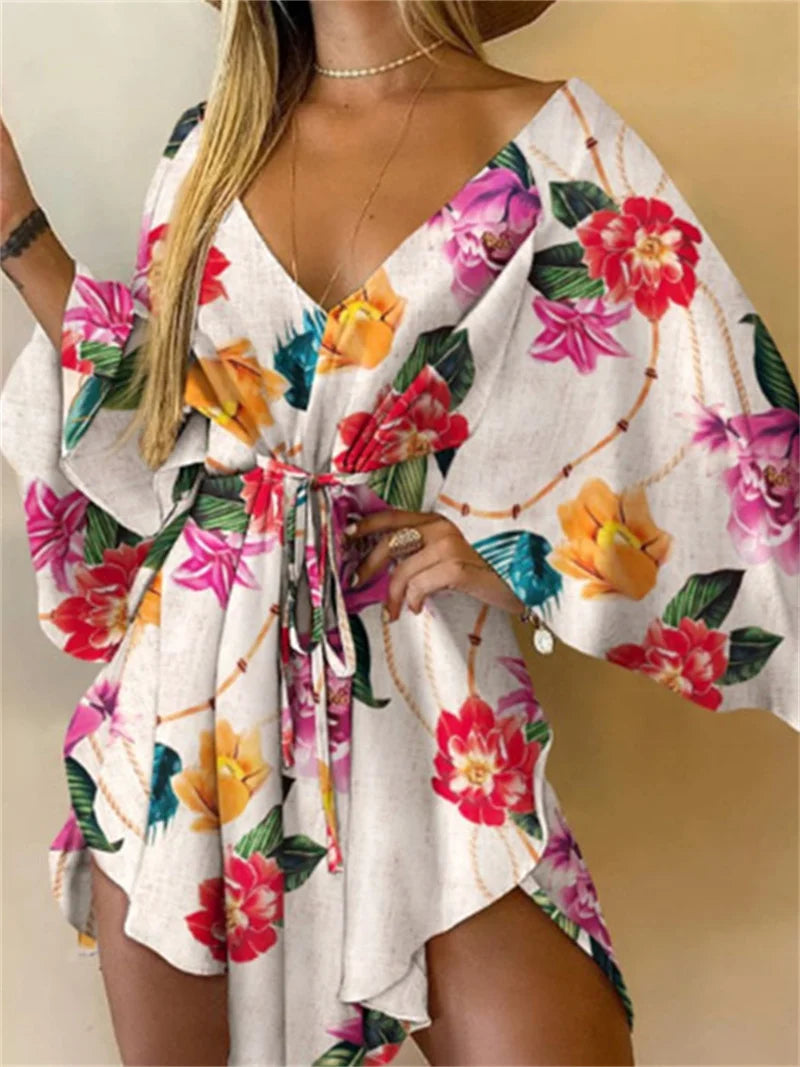 Kimono Playero Floral con Escote en V
