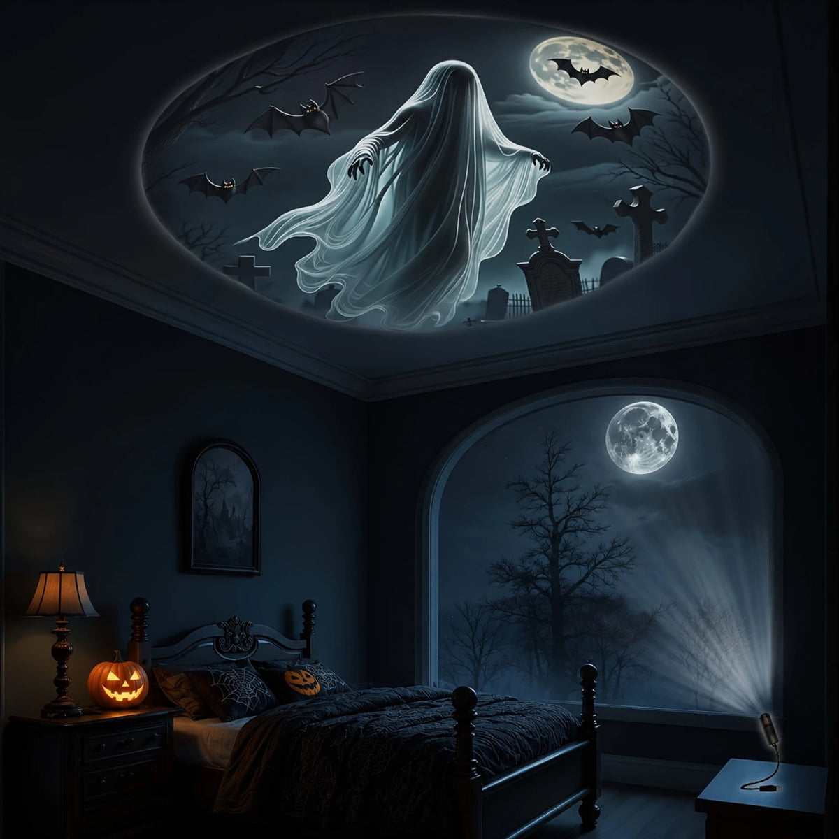 Proyector LED USB de Halloween con fantasmas y murciélagos