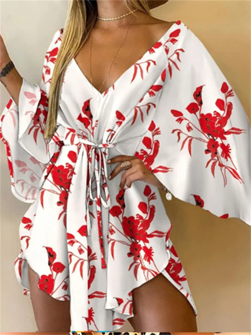 Kimono Playero Floral con Escote en V